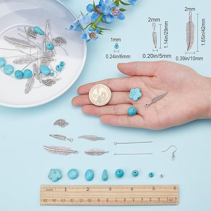 SUNNYCLUE 1 Box DIY 12 Pairs Turquoise Bead Dangle Earrings Making Kit Alloy Enamel Leaf Feather Pendants Charms with Eye Pin & Earring Hooks for DIY Earring Jewelery Making, Antique Silver