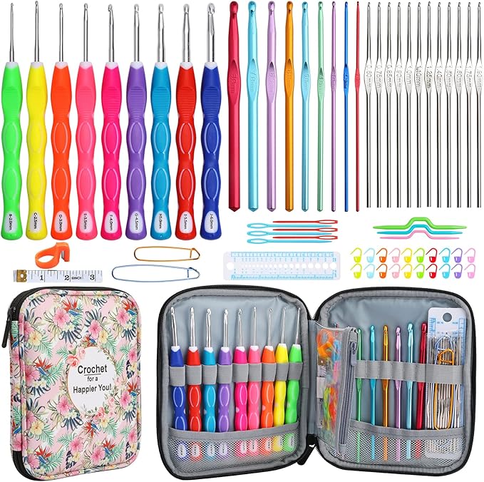 LOOEN Crochet Hooks Set-Yarn Needles Coloured Aluminum with Storage Case Rubbery Handle Ergonomic Comfort Grip DIY Craft Handmake Kit 64pcs