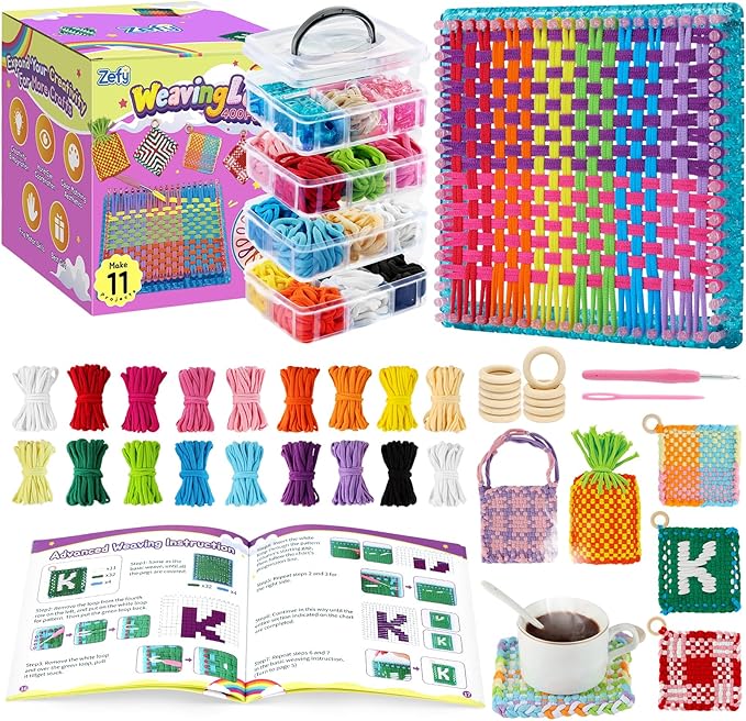 Zefy 400 Pcs Weaving Loom Kit Toys, 17 Colors Loom Loops with 11 PCs Wooden Rings, Rainbow Loops Making Potholder Loom Knitting Crafts Easter Gifts for Kids Girls Adults