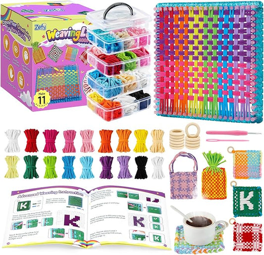 Zefy 400 Pcs Weaving Loom Kit Toys, 17 Colors Loom Loops with 11 PCs Wooden Rings, Rainbow Loops Making Potholder Loom Knitting Crafts Easter Gifts for Kids Girls Adults