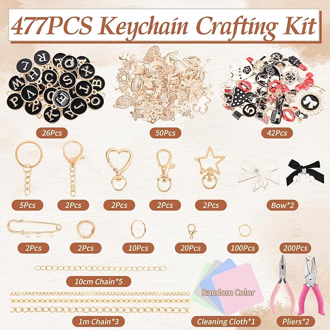 Prdingfy 477Pcs Lip Gloss Keychain Making Kit with Plier & Puncher, DIY Bag Charm & Bracelet Making Supplies, Alphabet Charms & Key Hooks for Personalized Gifts & Small Business