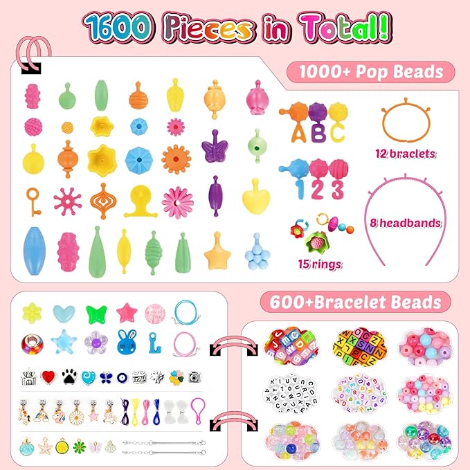 funzbo 1600 pcs pop beads with bracelet making kit, jewelry making kit for 3 4 5 6 7 8 9 year old little girls, arts and crafts necklace bracelet ring snap, birthday valentines day gifts for kids