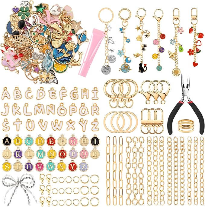 BESARME 413PCS Charms Lip Gloss Keychain Making Kit DIY Keychains Including Key Chain Hooks, Jump Rings, Lobster Clasps, Jewelry Making Kit for DIY Craft Gifts
