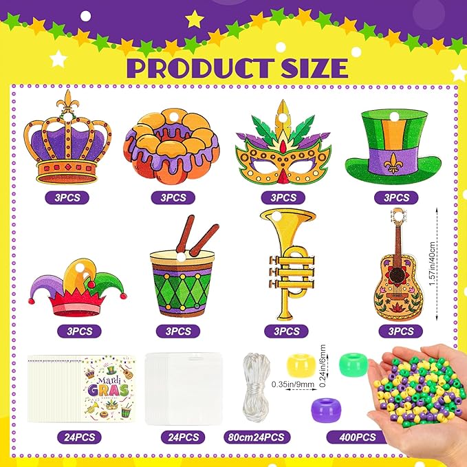 Bafeil Mardi Gras Crafts Beads Necklace Making Kit 24 Sets - Arts and Crafts DIY Bulk with Mask Crown Jester Court Hat Charms, Carnival Party Favors Birthday Family Craft Activities