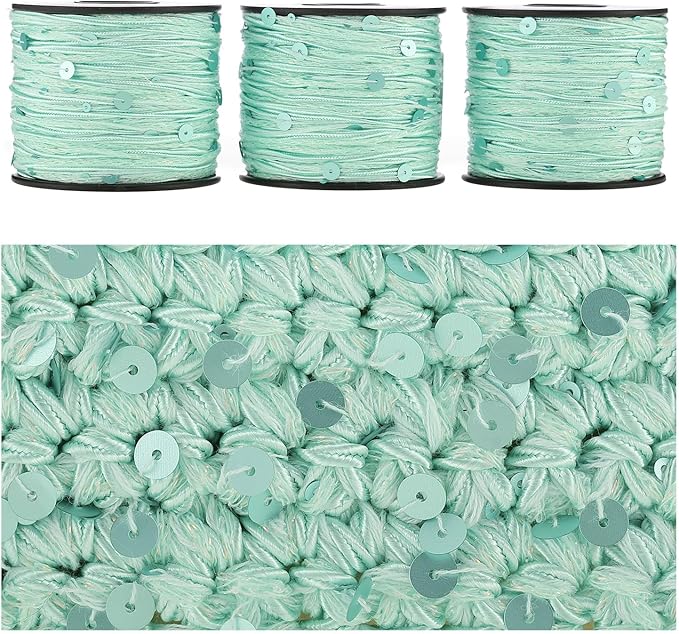 Artisanal Yarn Collection Multifiber Fancy Yarn for Knitting Crocheting Crafts DIY, Set of 3 Rolls (Mint Green Satin with Matte Glitter)