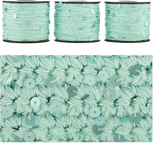Artisanal Yarn Collection Multifiber Fancy Yarn for Knitting Crocheting Crafts DIY, Set of 3 Rolls (Mint Green Satin with Matte Glitter)