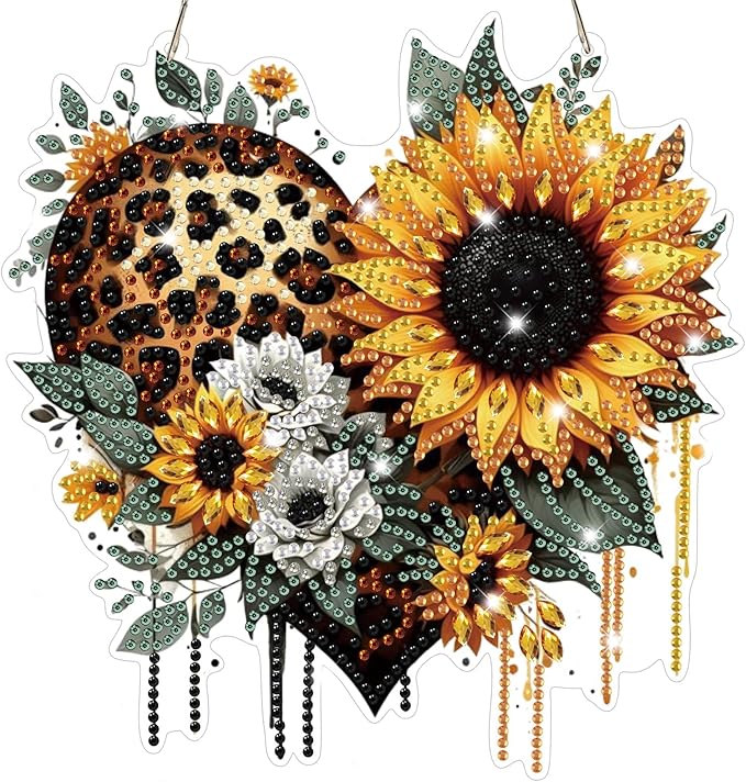 Bowetile Heart-Shaped Flower Diamond Art Hanging Kits for Adults, Diamond Art Suncatchers Sunflowers, 5D Special Shape Diamond Painting Pendant Window Ornament Gifts for Home Wall Decor