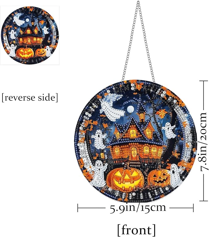 Pavemlo Hanging Diamond Art Kits for Adults Halloween Ghost – 8x8 Inch Double-Sided Acrylic Board DIY Crystal Diamond Suncatcher Pendant, Sparkling Home Wall or Window Decoration Handmade Gift
