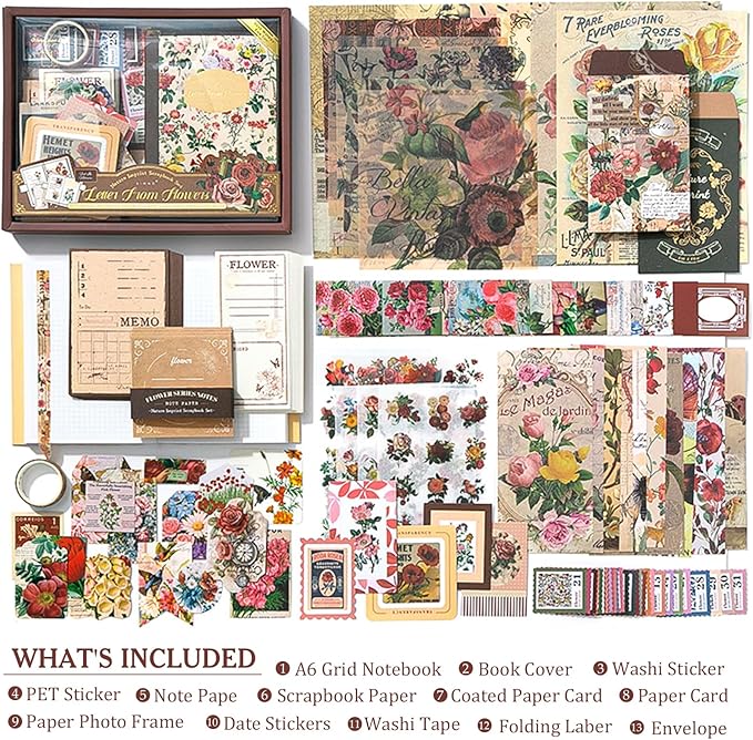 Scrapbook Supplies Kit, Cottagecore Aesthetic Junk Journal Kit, Scrapbooking Kit with Bullet Journaling Stickers, Stationary Set, Vintage Ephemera Collage Craft Supplies Gift for Adults Women Beginner