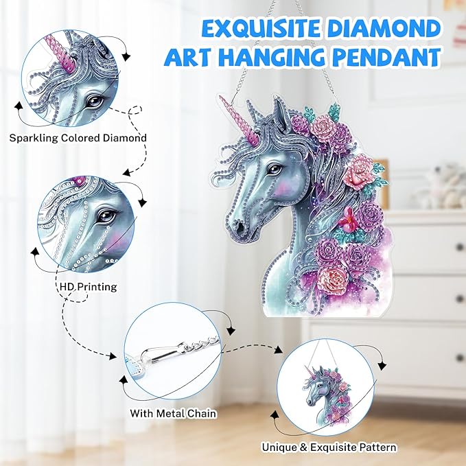 Bowetile Horse Diamond Art Hanging Kits for Adults, 5D Special Shape Diamond Painting Flowers Pendant Kits, Animal Gem Art Suncatchers Painting Window Ornament for Home Garden Wall Decor