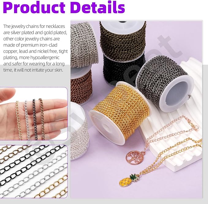 Swpeet 102Pcs Gold 3mm by 10 Yard Length Jewelry Making Chains Kit with Jump Rings, Lobster Clasps and Jewelry Plier, Necklace Chains Flat Cable Link Chain Bulk Ideal for DIY Craft Jewel Making