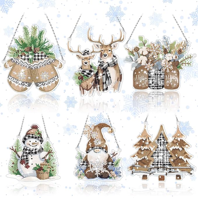 Chitidr 6 Pcs Winter Diamond Painting Hanging Sign Set Diamond Art Set DIY Crystal Paint Arts and Crafts Kit 5d DIY Christmas Ornaments Kits for Winter Wall Door Window Decor