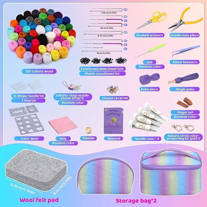 Mayboos Needle Felting Kit, 50 Colors Wool Roving Set, Needle Felting Starter Kit for Beginners with Wool Felting Tool Mat Needle Felting Supplies for DIY Crafts Home Decoration