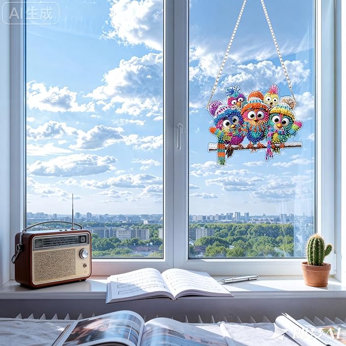 CEOVR Winter Bird Hanging Diamond Painting, Birds Special Shape Diamond Art for Adults, Winter Christmas DIY Gem Art, Acrylic Home Garden Decor with Chain, Box Kit 7.87x6.79In