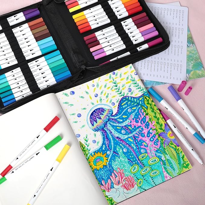 TANMIT Markers for Adult Coloring Books No Bleeding, 72 Colors Dual Tip Art Markers Set with Fine and Brush Tip Pens for Journaling Sketch Hand Lettering