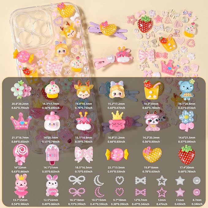 Junk Case Charms Kit, Junk Phone Case Charm, Flatback Cartoon Animal Lollipop Candy Strawberry Flower Cute Slime Charms for DIY Crafts, Scrapbooking, Jewelry Making-S5