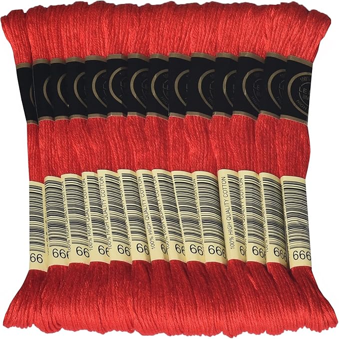LE PAON Embroidery Floss, 14-Pack Six Strands 100% Long Staple Cotton Embroidery Thread, 8.7-Yard，Color Number：666,Bright Christmas Red
