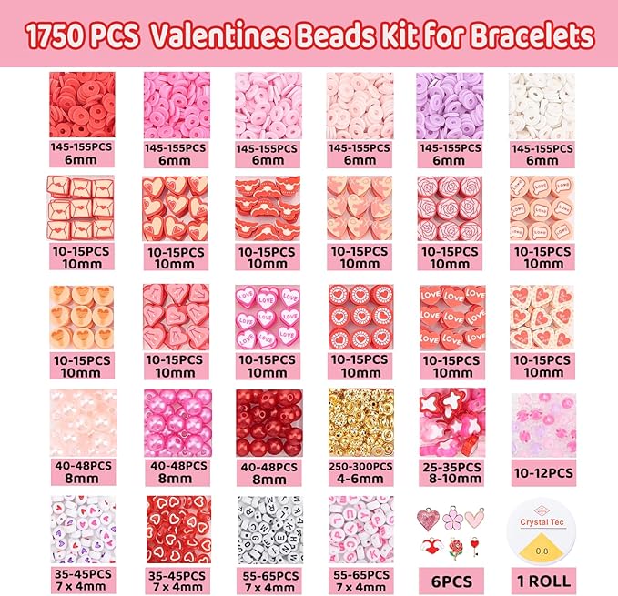 HSONAIGEE Valentine Beads Bracelet Making Kit, Assorted Valentine's Day Bead Pink Beads Polymer Clay Bead Heart Bead Charms for Jewelry Necklace Earring Making DIY Crafts