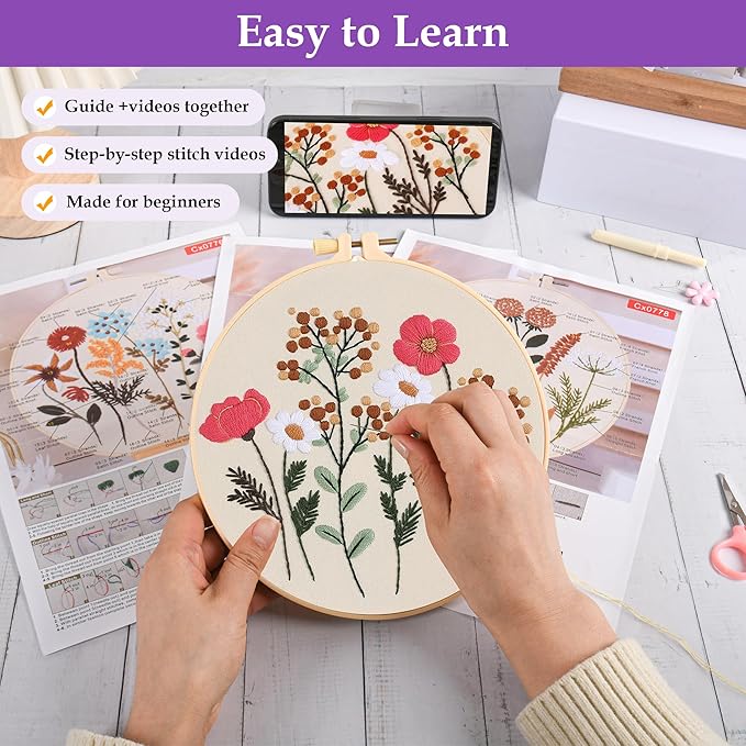 3 Sets Embroidery Kit, Cross Stitch Kits for Beginners, Needlepoint Kits for Adults with Floral Patterns, Hoop, Needles, Threads and Tools, Colorful Threads, Easy to Learn Step-by-Step Guide & Video