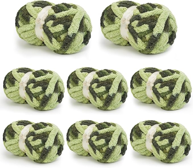 Chunky Yarn for Hand Knitting, Chunky Chenille Blanket Yarn for Crocheting, Bulky Soft Fluffy Chenille for Blanket Project, 8 Pack of 8oz/25yds, Colorful Green