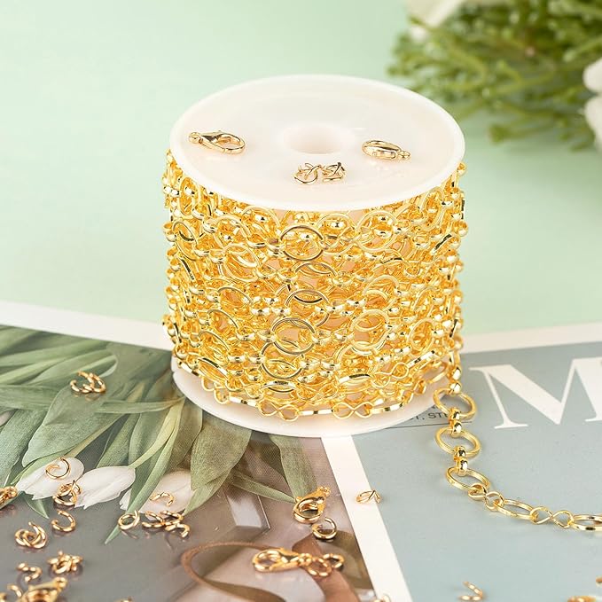 KYUNHOO 13 Feet Light Gold Necklace Chains for Jewelry Making 8MM Circle Link 18K Gold Plated Brass Chain Bulk for Craft DIY with Lobster Clasps and Jump Rings