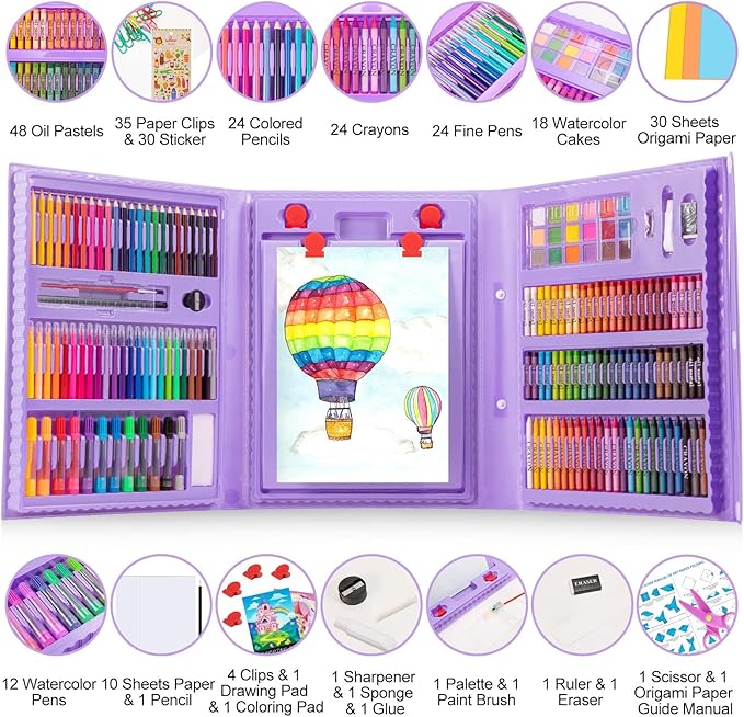 Art Supplies, 272 Pack Art Set Drawing Kit for Girls Boys Teens Artist, Deluxe Gift Art Box with Trifold Easel, Origami Paper, Coloring Pad, Drawing Pad, Pastels, Crayons, Pencils, Watercolors(Purple)