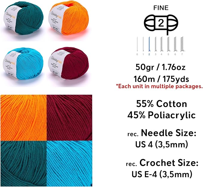 Cotton Yarn Kit - 4 Multicolor Balls Soft Sport Weight Yarn for Crochet & Amigurumi - 50g / 175yds Each & 10 Stitch Markers (H14 - Vibrant-1)