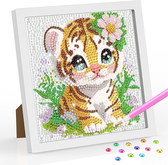 SENQAO Tiger Diamond Art Kit for Adults with Frame Art and Crafts for Adults Ages 6-8 -10-12 Easy to DIY Diamond Art for Adults and Adult Beginners Home Wall Decoration 7.1x7.1inch