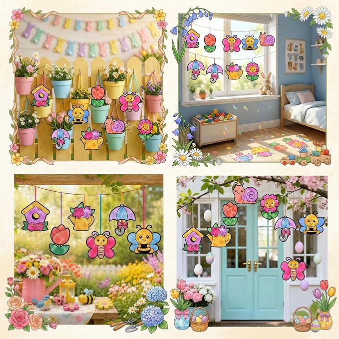 Motipuns 32 Pcs Spring Easter Suncatcher Craft Kit for Adults, Cute Spring Animals Flowers DIY Window Stain Glass Effect Paper Ornaments for VBS Sunday School Art Activities