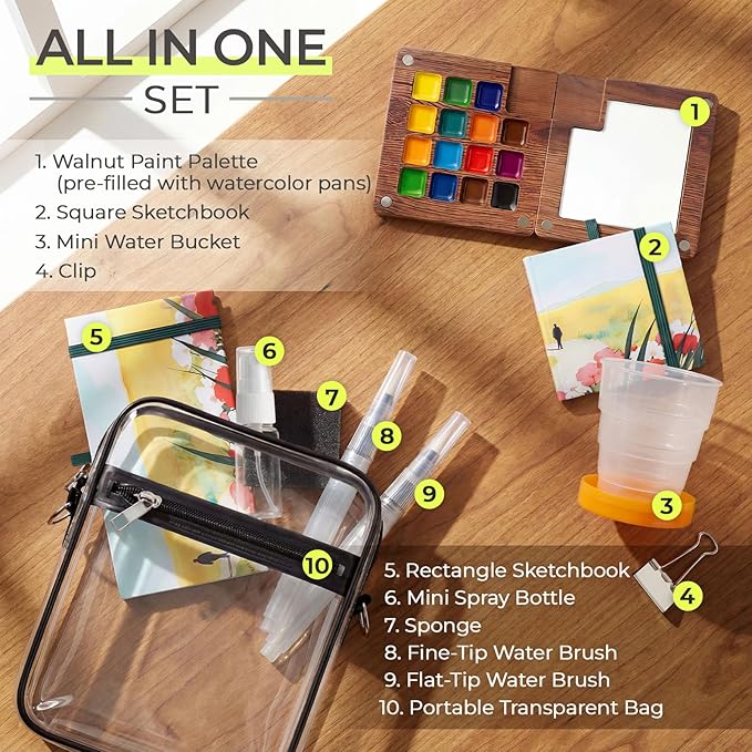 10 Pcs Mini Watercolor Paint Set, All-in-One Walnut Wood 15-Color Premium Pocket Travel Paint Kit, with Crossbody Bag,Watercolor Journal Metal Clip Paint Ideal for Art Lovers (10)
