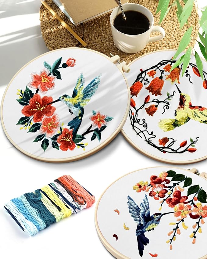 TINDTOP Embroidery Kit for Adult for Beginners, 9 Sets Hummingbird Butterfly Mushroom Flower Embroidery Kit for Beginners Include Embroidery Cloth Hoop Threads with Embroidery Skill Techniques