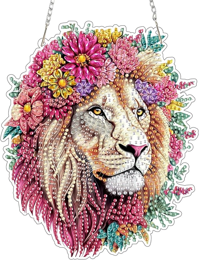 SENQAO Lion Diamond Art Hanging Kits for Adults Kids, Acrylic Diamonds Painting Pendant Board Kit Lion, Diamond Art Painting Window Pendants Home Garden Wall Hanging Kits Hanging Ornament