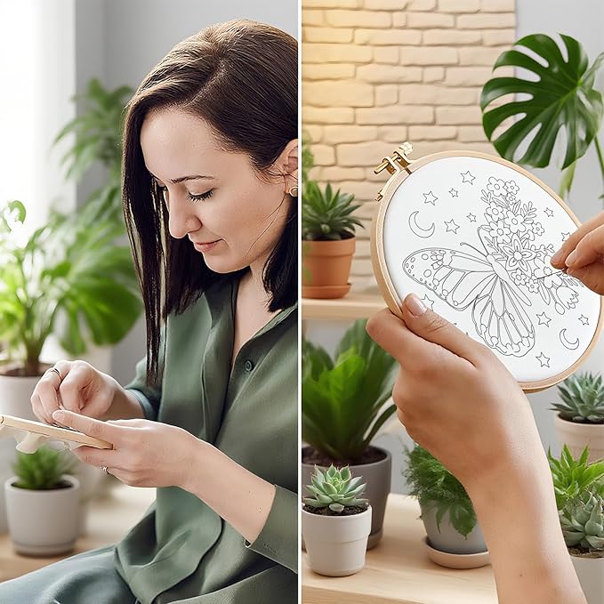 ORIGACH 6 Pack Butterfly & Flower Wreath Embroidery Kits for Beginners, DIY Starter Hand Embroidery Kit with Floral and Butterfly Patterns and Instructions for Adults Women Crafting