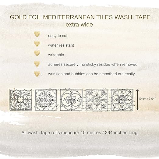 Serenity Fair Washi Tape – Mediterranean Tile Pattern, Extra Wide 4 Inch Scrapbook Supplies for Scrapbooking, Journaling, Stickers, Craft Paper, and DIY Scrapbook Tape Roll (Gold foil)