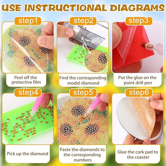 UPINS 8Pcs Sunflower Diamond Art Painting Coasters for Drinks DIY Coaster Diamond Art Kits for Adults Diamond Art Craft Supplies (Sunflower)