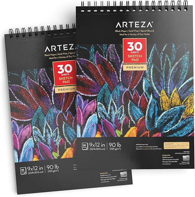 ARTEZA Spiral Sketch Book 9x12 Black Art Paper Drawing Pad 2 Pack 30 Sheets Sketch Pads for Drawing