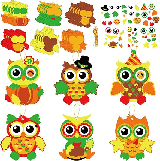 chiazllta 30 Packs Fall Craft Thanksgiving Owl DIY Art Craft with Fall Autumn Leaves Pumpkins Stickers Make Your Own Owl Set for Home Game Activities