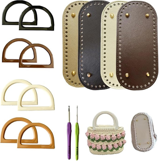 4 Pcs Leather Crochet Bag Bases, 8 Pcs D Shape Purse Handles with 2 Size Crochet Hooks for DIY Bags Craft Making