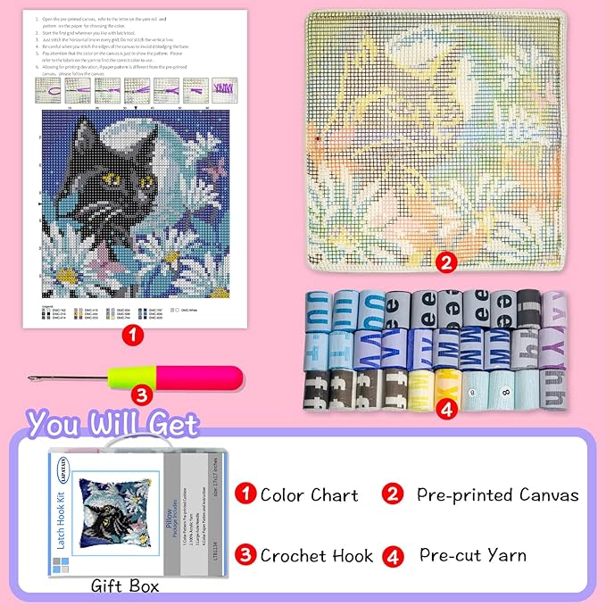 LAPATAIN Latch Hook Kits for DIY Throw Pillow Cover,Black Cat Needlework Cushion Cover Hand Craft Crochet for Great Family 17x17inch