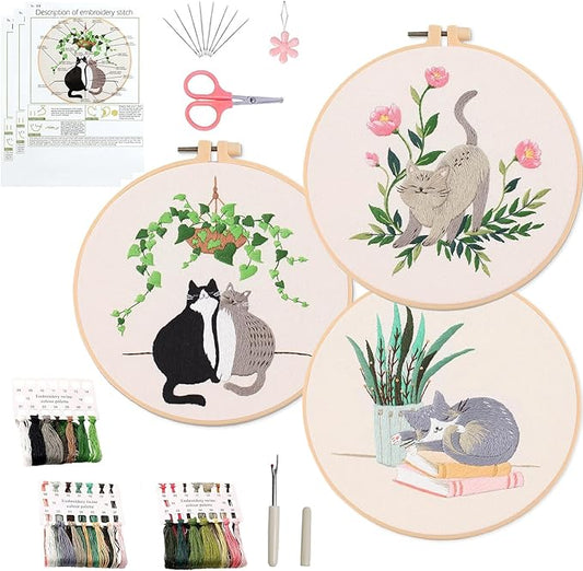 Ohcol 3 Sets Cat Embroidery Kit,Needlepoint Kits for Adults Beginner,Needle Point Sets with Washable Pre-Printed Pattern,1 Hoop,Women Hand Crafts