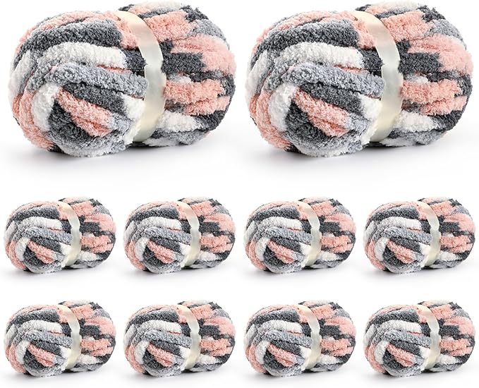 10 Pack Jumbo Chunky Yarn for Hand Knitting, Fluffy Chunky Chenille Yarn for Crocheting, Variegated Chunky Knit Baby Blanket Yarn, 240 yds /70.5 oz Super Bulky Yarn（Dark Grey-Pink-White）