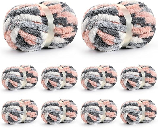 10 Pack Jumbo Chunky Yarn for Hand Knitting, Fluffy Chunky Chenille Yarn for Crocheting, Variegated Chunky Knit Baby Blanket Yarn, 240 yds /70.5 oz Super Bulky Yarn（Dark Grey-Pink-White）