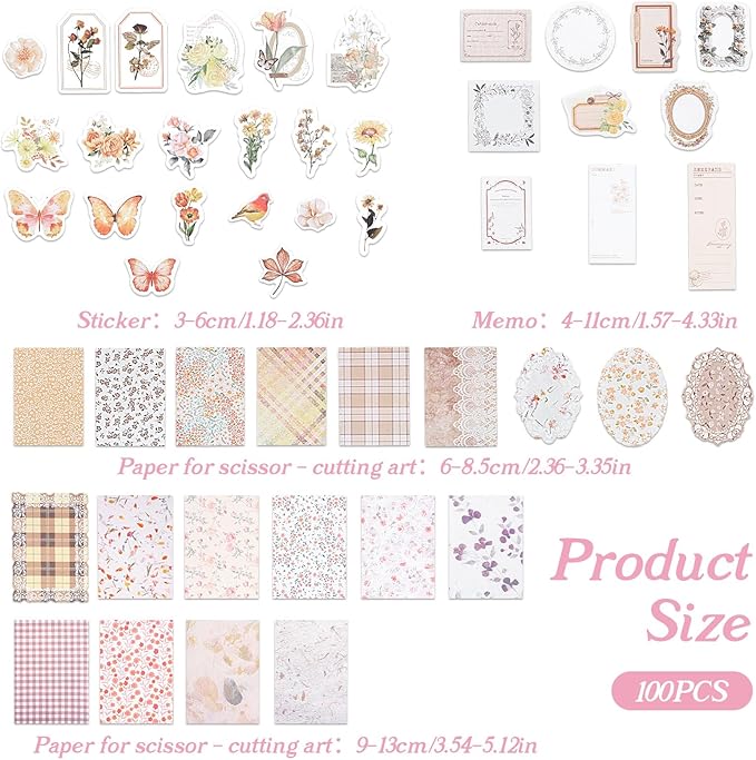 TIESOME 100pcs Vintage Floral Scrapbook Paper and Journaling Stickers Assorted Set, Memo Labels for Junk Journal Planner Collage Card Album Decor(Yellow)