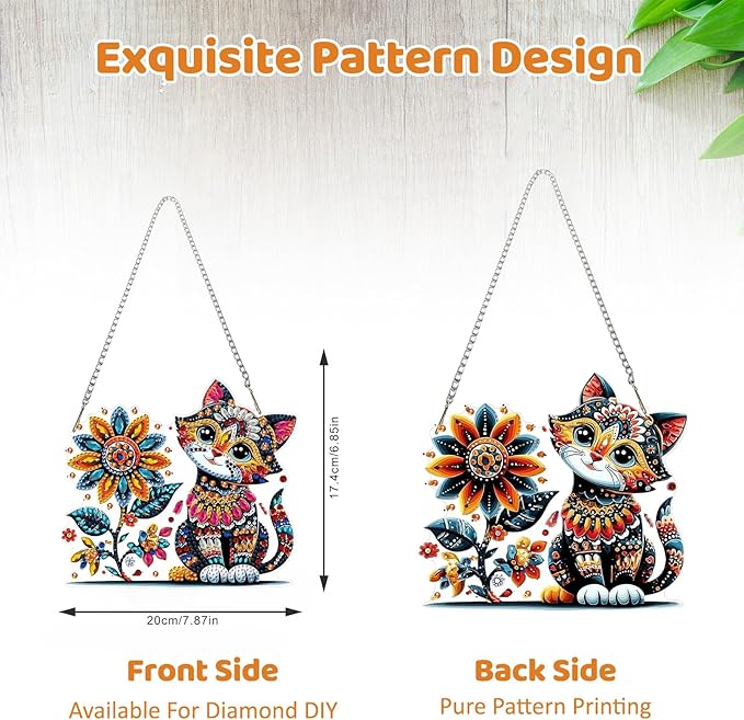 MEIYUDA Flower Cat Diamond Art Hanging Kits for Adult, Colorful Cat Diamond Painting Hanging Kits Ornaments, DIY Special Shaped Rhinestone Window Pendants Kit for Home Garden Wall Decor Gift