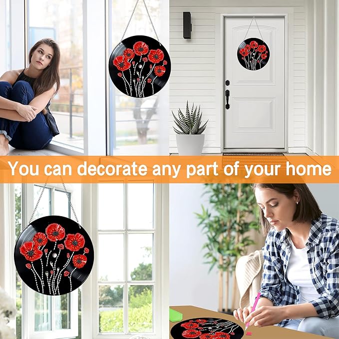 Ginfonr Diamond Painting Kits Hanging Pendant, Flowers Diamond Art Kits for Adults, Special Shaped Rhinestone Records Diamond Art, Double Sided Home Hanging Kits for Garden Wall Window (8 x 8inch)