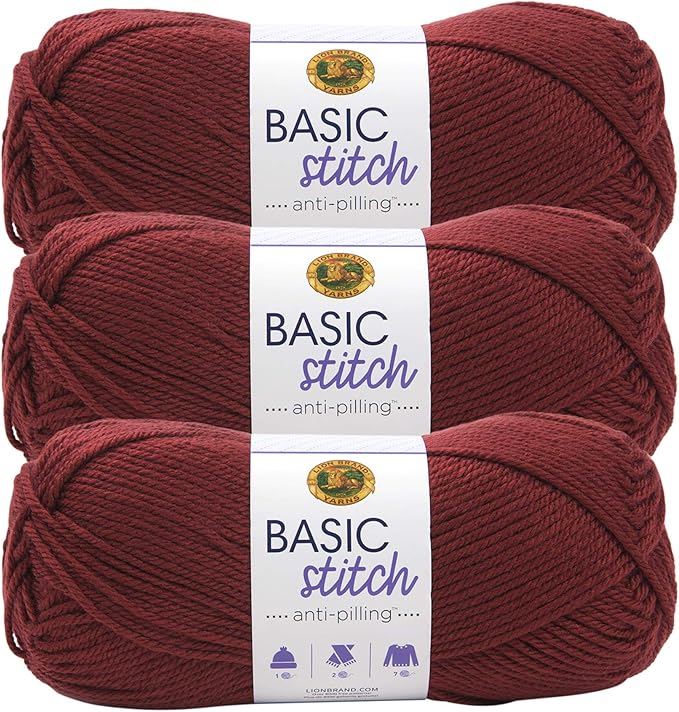 Lion Brand Yarn Basic Stitch Anti-Pilling Yarn for Crocheting, Knitting, and Crafts, Pomegranate, 3 Pack