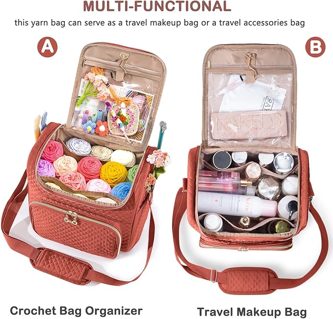 Crochet Bag Organizer, Quilted Storage Bag with Hanging Hook, Yarn Holder for Knitting & Crochet Accessories, Mother's Day Gift