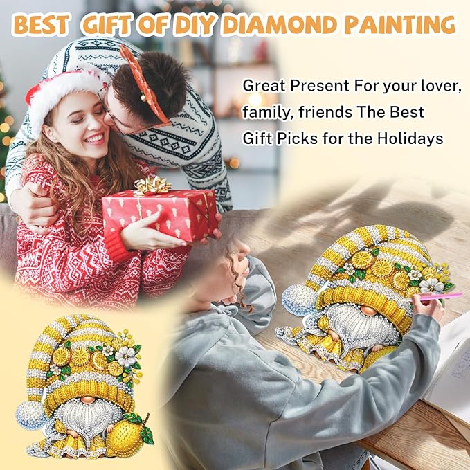 Bowetile Gnome Diamond Art Hanging Kits for Adults, Diamond Art Suncatchers Lemon, 5D Special Shape Diamond Painting Pendant Window Ornament Gifts for Home Wall Door Garden Decor