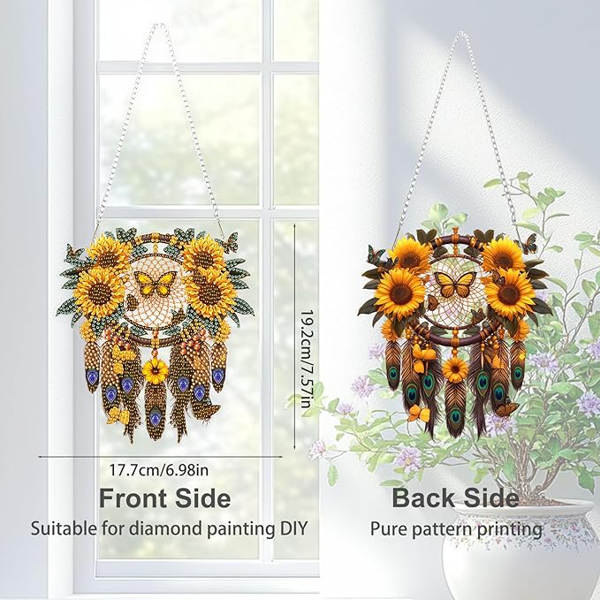 TOSTOG Sunflower Dream Catcher Diamond Art Hanging Kits for Adults, Diamond Painting for Adults Window Pendant, Special Shape Diamonds Diamond Painting Hanging Pendant Kit for Wall Home Decor Gift