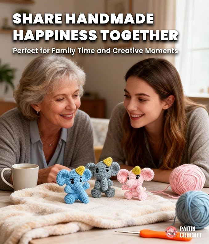 PAITIN Crochet Kit for Beginners – DIY Elephant Crochet Craft Project, Easy Handmade Yarn Art Kit for Adults with Step-by-Step Video Tutorial
